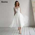 Свадебное платье до середины икры Booma, короткое платье невесты, кружевное пляжное праздничное платье принцессы в стиле бохо с круглым вырезом и длинными рукавами, размера плюс, 2020