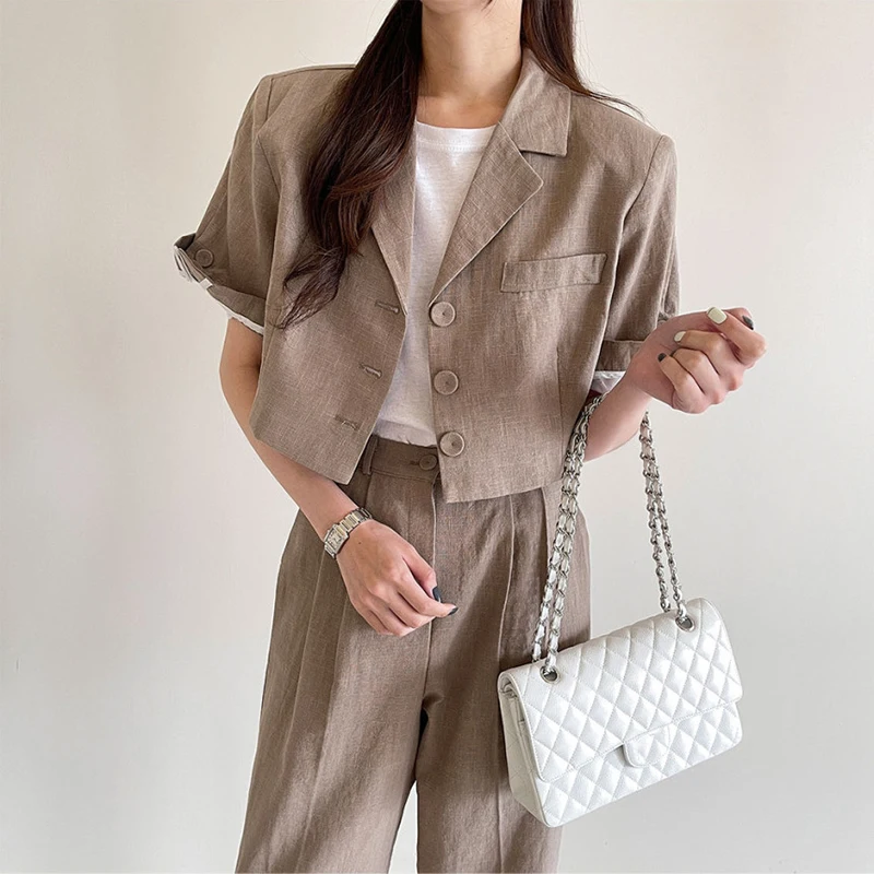 

Women Set 2021 Summer Ladies Niche Retro Lapel Three-Button Loose Short-Sleeved Jacket High-Waist Straight-Leg Trousers