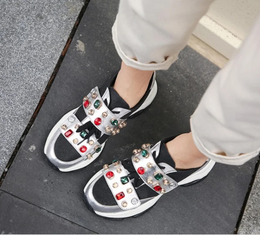 

Womens Round Toe Genuine Leather Rhinestones Crystal Sneakers Lace Up Mid Heel Casual Shoes Korean Style Luxury New C665