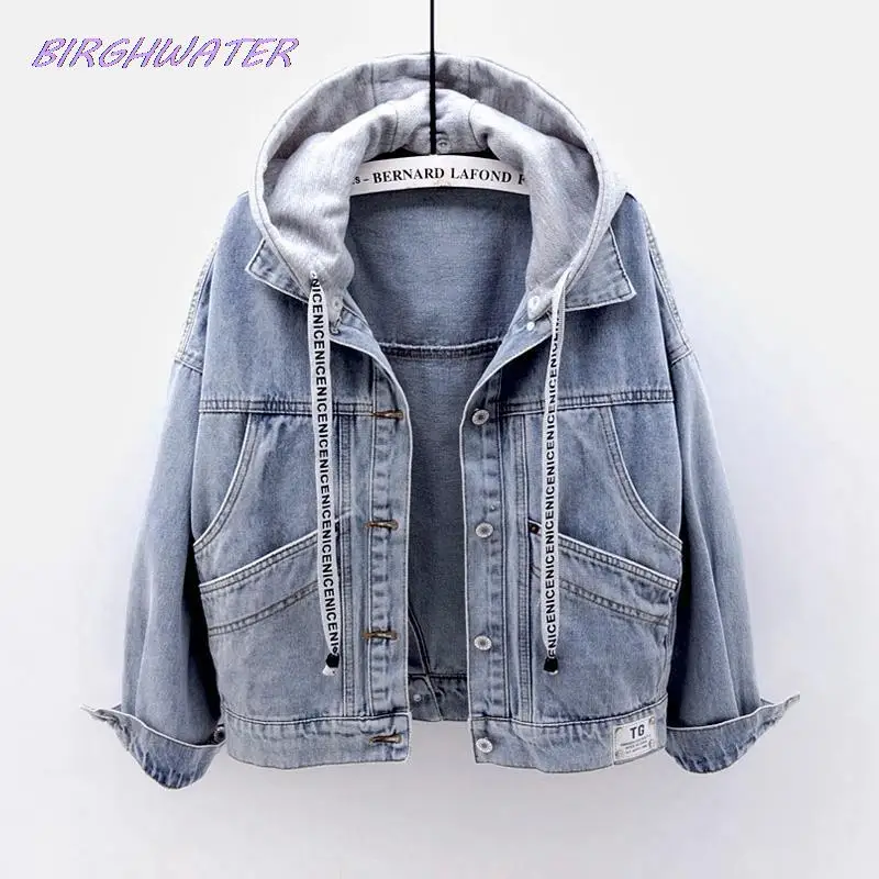 

2021 Autumn New Women's Denim Coats Loose Korean Woman Long Sleeve Bf Hooded Jacket Big Pocket Tops Couple Outfit Jean Jackets