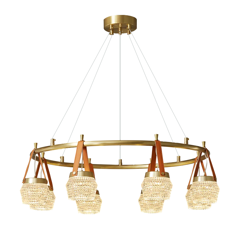 

2021 роскошные медные люстры ПММА-абажур круглый Кафе Ресторан Бар кожа украшения подвеска огни Светодиодная лампа с регулировкой яркости