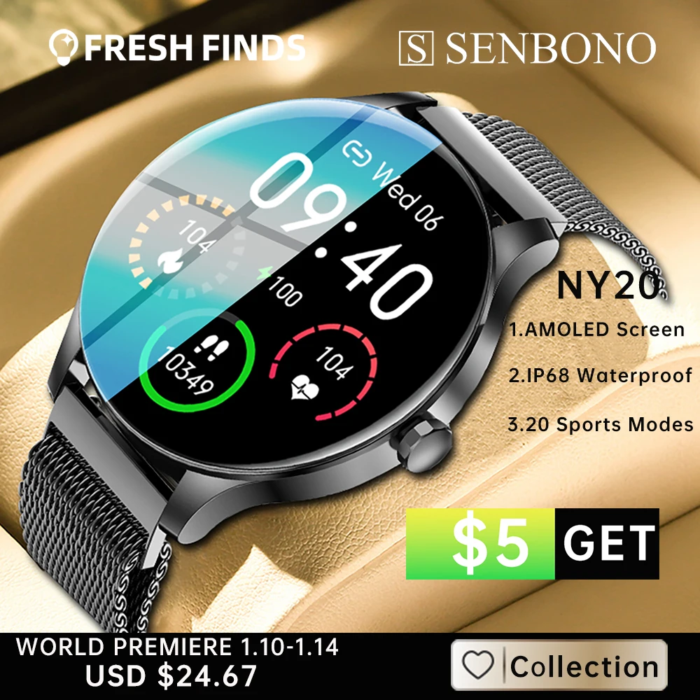 

SENBONO 360*360 AMOLED HD Men's Smart Watch IP68 Waterproof Fitness Tracker Sport Smartwatch Women Men for IOS Xiaomi Android