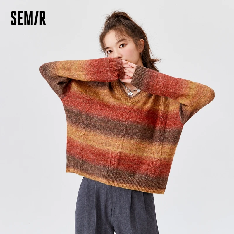 

SEMIR Sweater Women V-Neck Loose Fall 2021 New Girls Striped Gradient Falling Shoulder Long Sleeve Knitwear Commuter