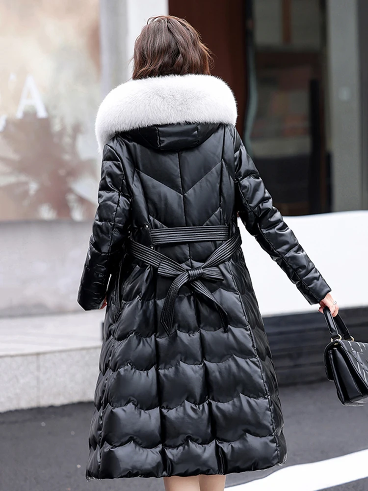 New Women Sheepskin Down Jacket Autumn Winter 2022 Elegant Fashion Real Fox Fur Collar Thick Warm Slim Long Leather Overcoat