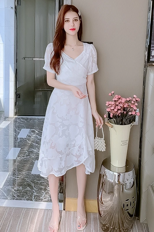 

COIGARSAM French Style Ruffles Women dress New Summer Vintage Chiffon Short Sleeve V-Neck Dresses 3734