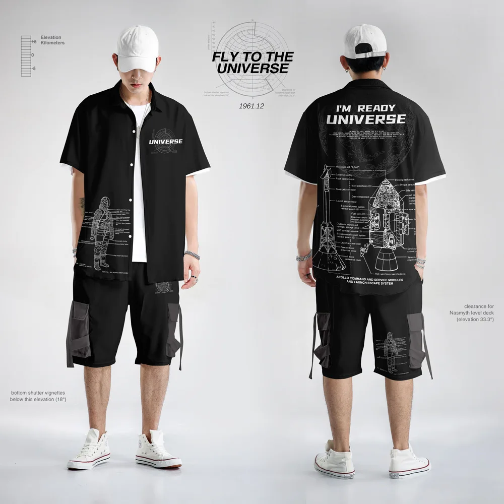 

Men Black Astronaut Rocket Printed Hawaiian Vacation Short Sleeve Shirts Male Summer Breathable Casual Shirt Plus Size 6XL