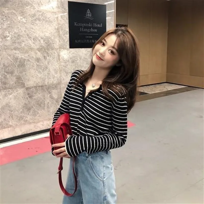 Повседневная Женская футболка с длинным рукавом в Корейском стиле приталенная