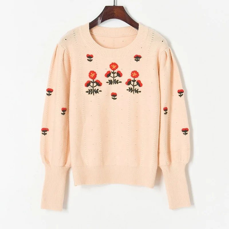 Женский трикотажный пуловер с рукавами-фонариками Свободный Повседневный