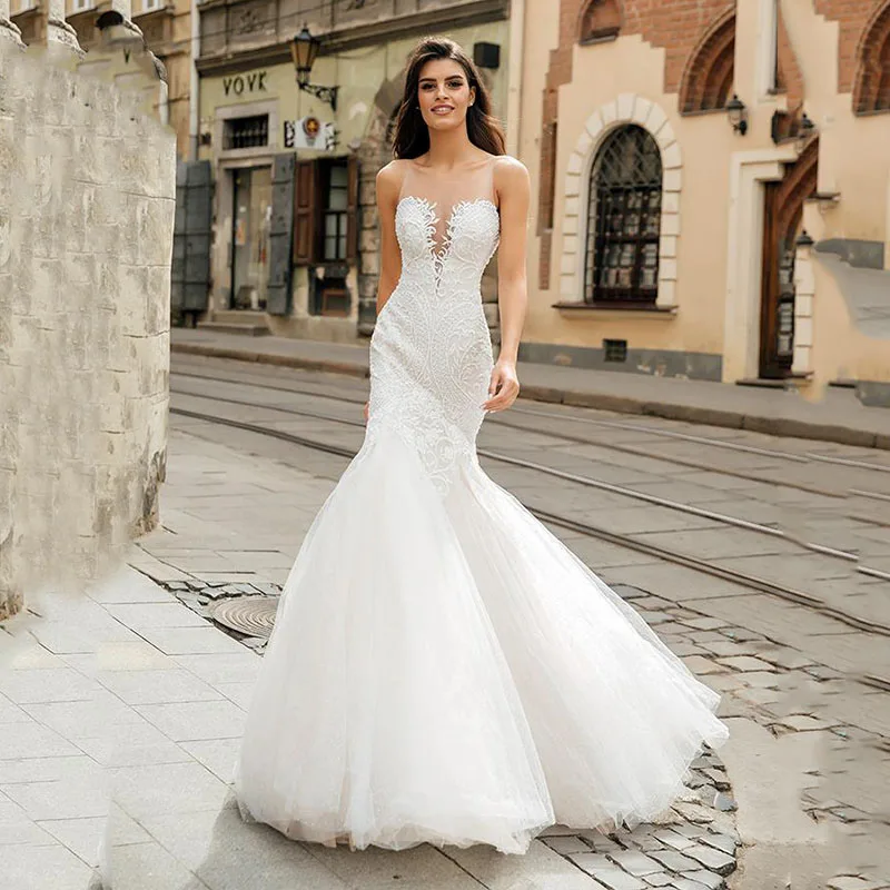 

YILIBER New Simple Wedding Dress Backless Sleeveless Design Chiffon Lace Bride Dresses Princess Dress Plus Size Tailor-made