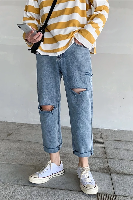 

Summer thin loose fashion hole jeans men's pants Korean fashion brand ins Korean straight ankle-length pants