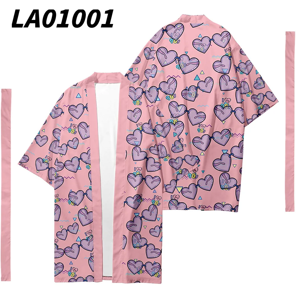 Кимоно в японском стиле с принтом поп-элемента длинный кардиган поясом для пар