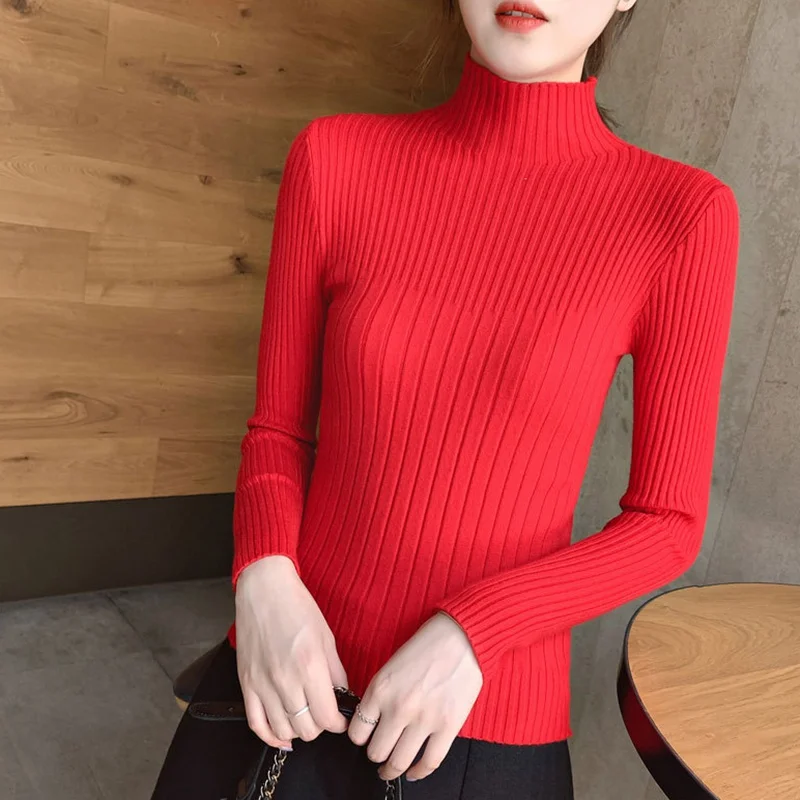 Осенне-зимний женский свитер с воротником-хомутом и длинными рукавами, однотонная вязаная одежда