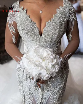 Luxury Mermaid Wedding Dresses V-neck Long Train Tulle Beaded Sequins Crystal Women Bride Gowns Custom Size SK68