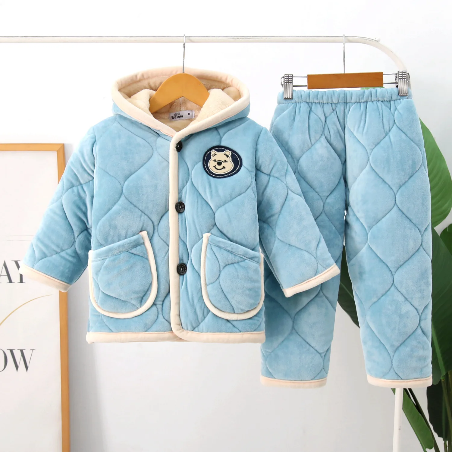 Зимний детский домашний костюм фланелевый утепленный пижамный комплект с