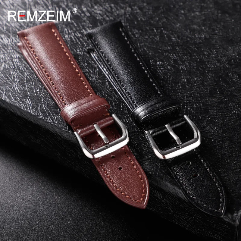 Ремешок для часов REMZEIM из натуральной кожи 18 20 22 24 мм коричневый черный телячьей