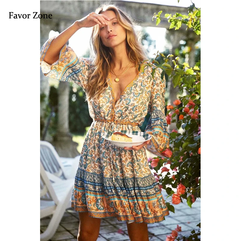 Женское летнее платье с цветочным принтом пикантное рукавом три четверти и v