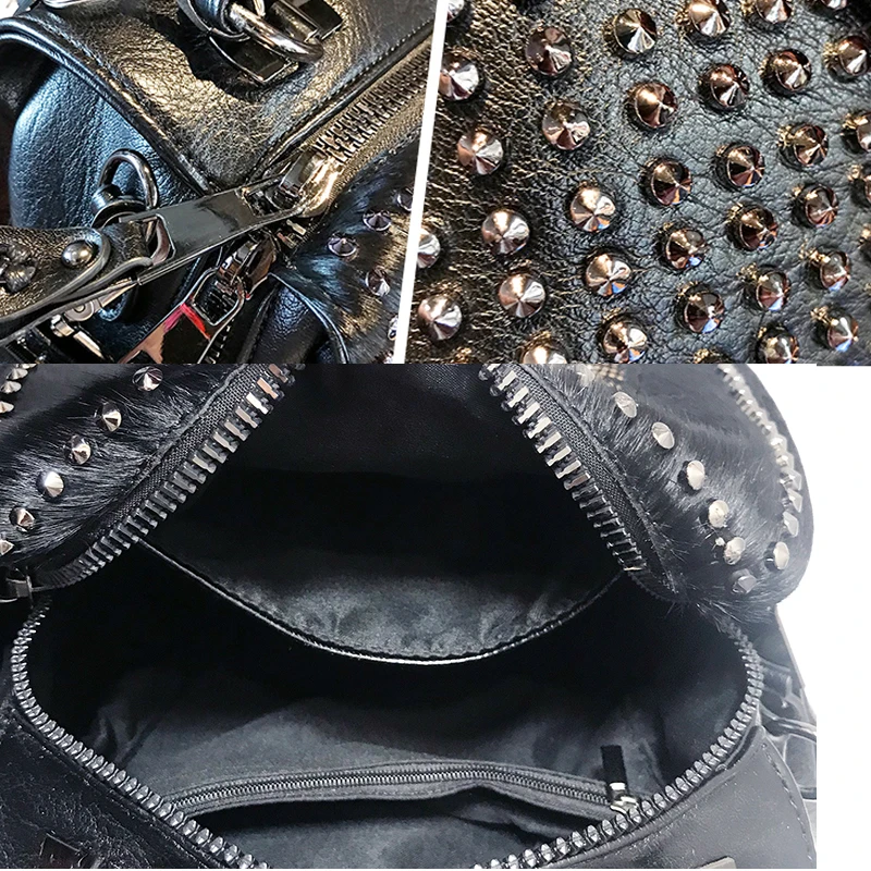 

Sheepskin Real Leather Handbag Horse Hair Black Boston Women's Bag Rivet Fashion Purse Wide Strap Tote