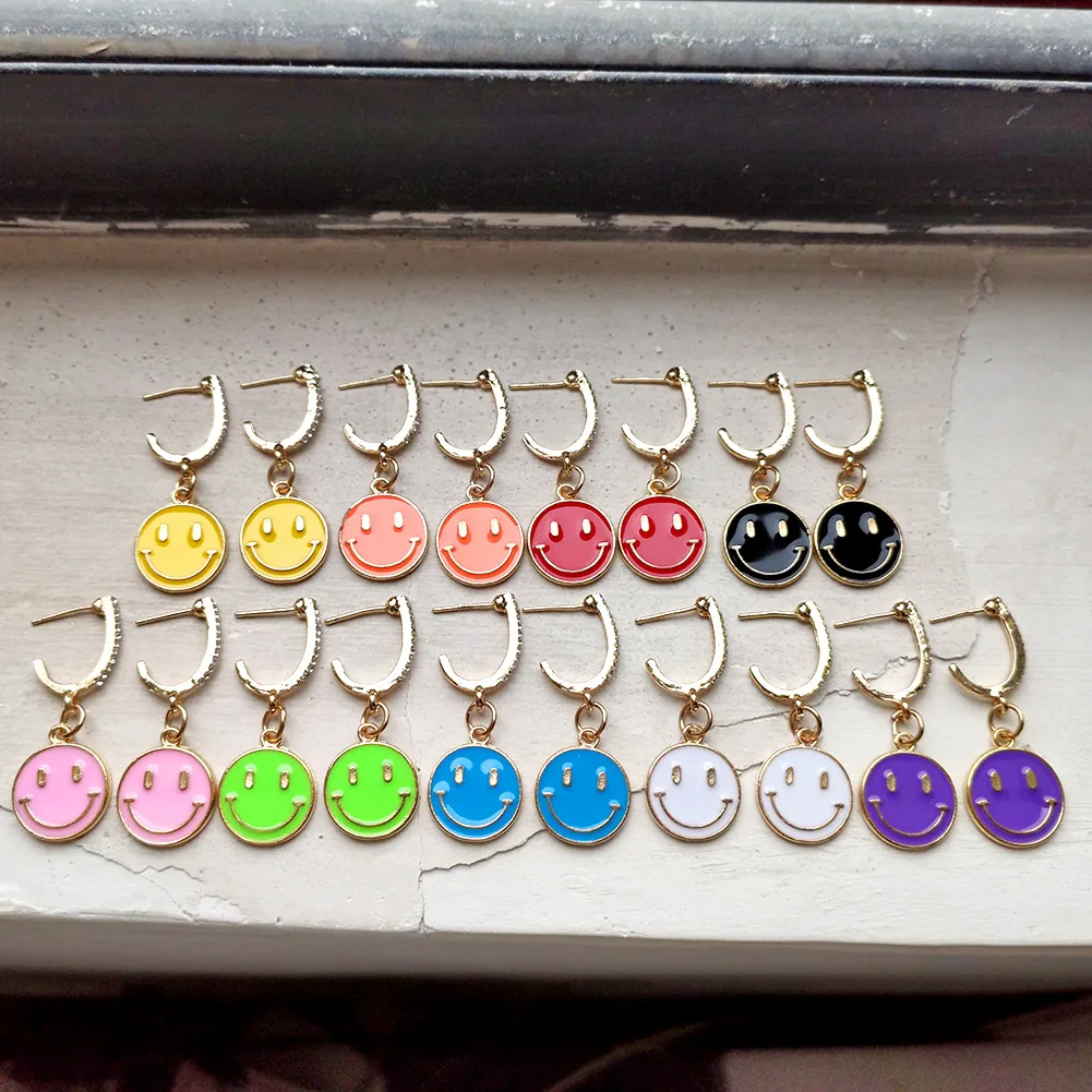 

Flatfoosie Shiny Crystal Smile Face Enamel Drop Earrings For Women Fashion Gold Color Smiley Dangle Earring Statement Jewelry