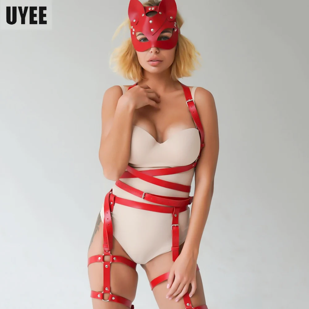 

UYEE Women Red Harness Full Body Bondage PU Leather Garter Sexy Body Bra Thigh Strap BDSM Clubwear Goth Lingerie Belt Suspenders