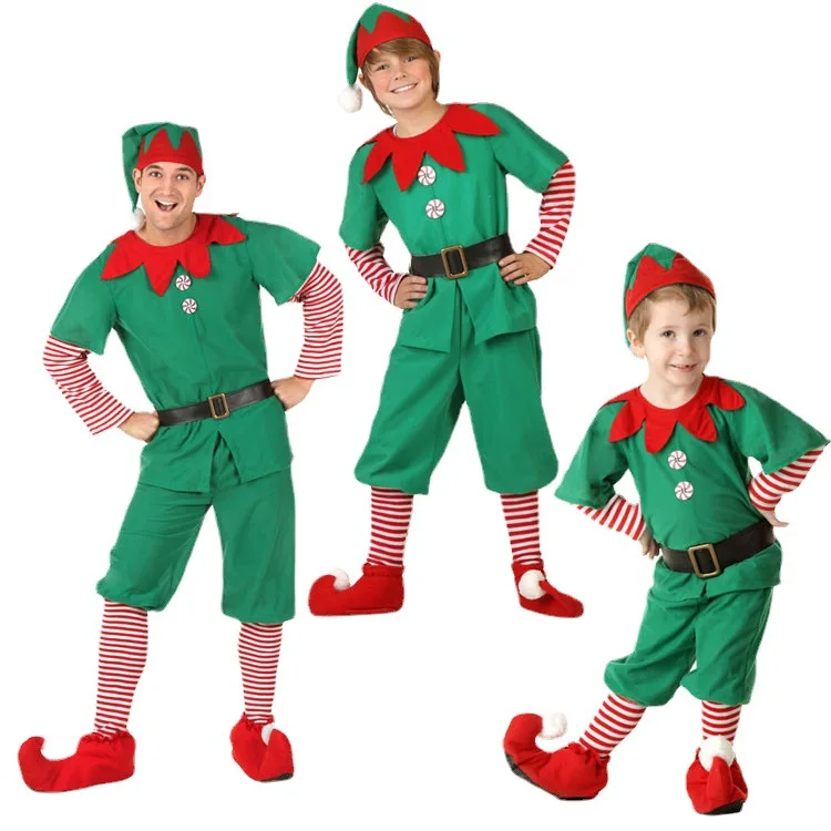 Family Matching Mommy Dad Green Elf Christmas Costume Festival Santa Boys Suit New Year Kids Clothing for Girls Xmas Party Dress images - 6