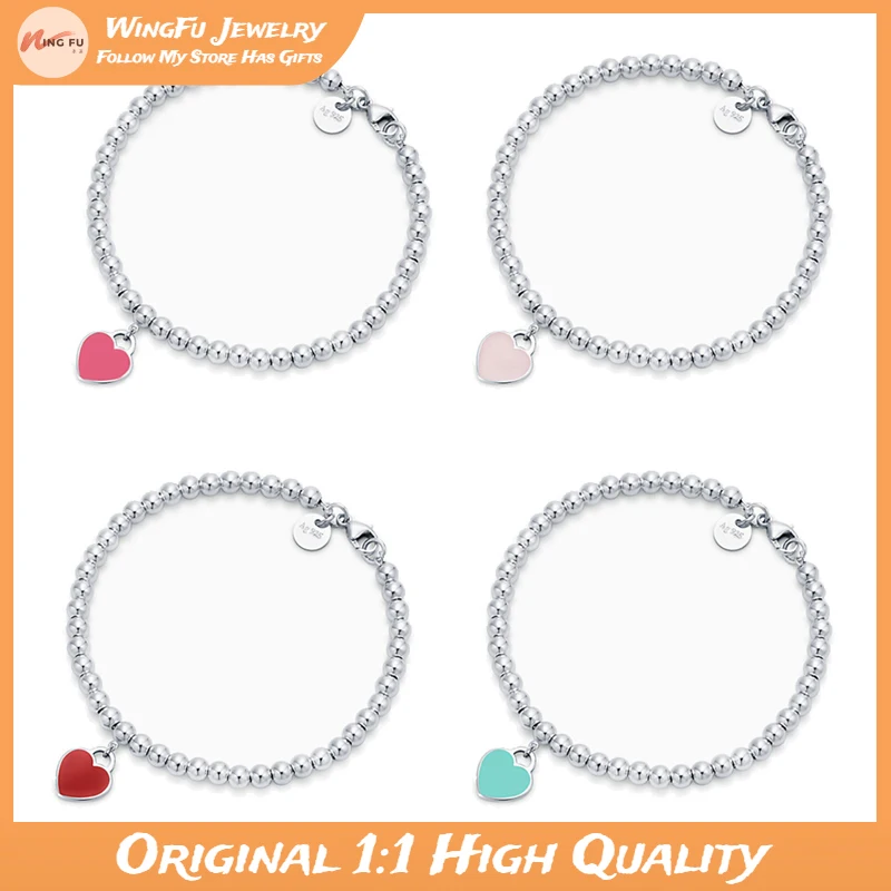 

WingFu Classic fashion s925 sterling silver heart-shaped enamel label ladies round bead bracelet popular couple exquisite gift