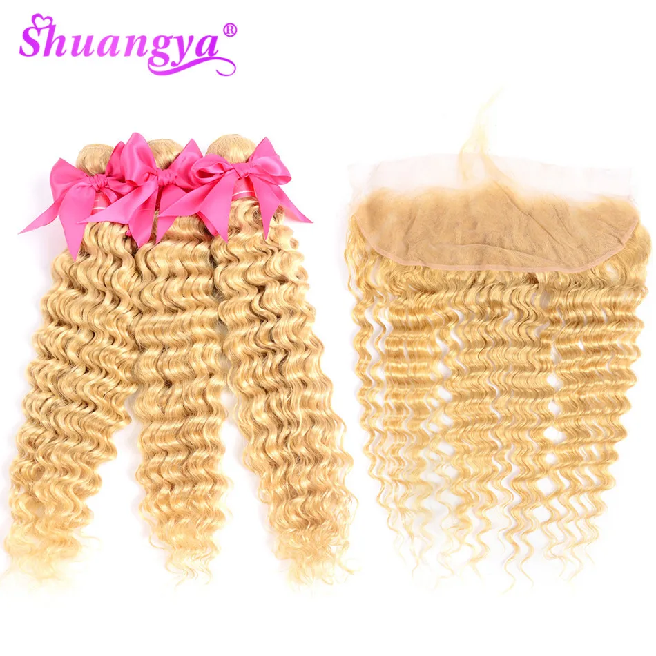 Бразильские волнистые пучки с фронтальным медом светлые 613 пучками Remy пучками|3/4