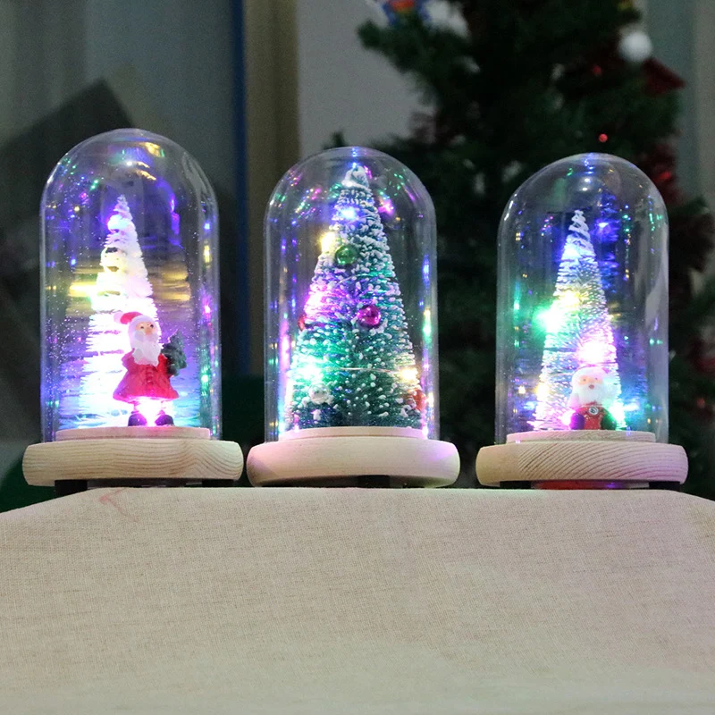 Christmas Tree In Glass Dome on a Wooden Base for Valentine's Gifts LED Rose Lamps Christmas Festive Ornaments New Year Souvenir