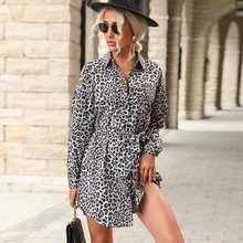 Women vintage leopard  pattern print short shirt Dress Office Lady sexy long sleeve office lady Vestido Chic Dresses (3)