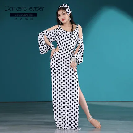 

Belly dance practice clothes female white polka dot robe folk costumes oriental dance costumes