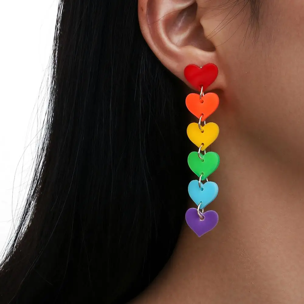 

New Bohemian Colorful Acrylic Love Heart Long Dangle Earrings For Women Exaggerated Big Rainbow Statement Earrings For Party
