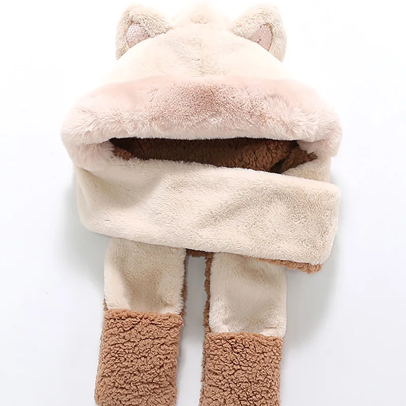 

New Thicken Warm Women Hat Scarf Glove Three In One Cute Plush Double Layer Three-Piece Faux Fox Fur Girl Bomber Hat Winter