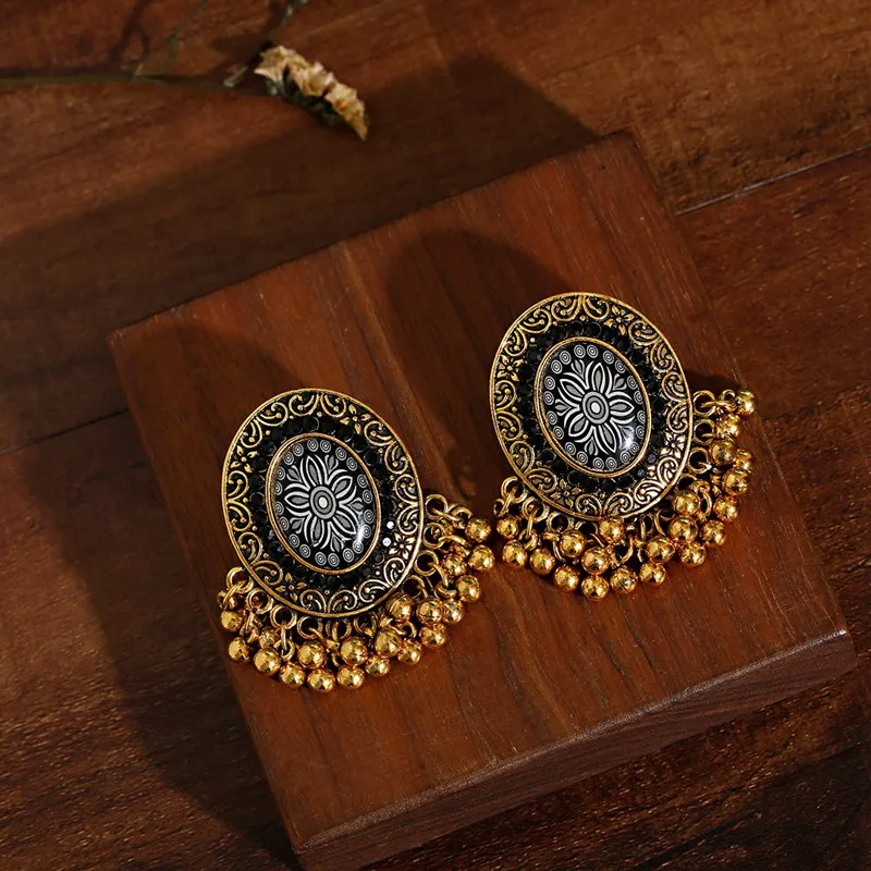 

Ethnic Black Flower Earrings Turkey Bijoux Vintage Bohemia Tassel Earrings Boho Gold Color Alloy Tribe Indian Jewelry