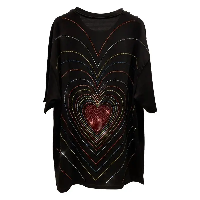 

2021 Spring/Summer New Round Neck Colorful Rhinestone Back Corrugated Heart-Shaped Short-Sleeved T-shirt for Women Tops