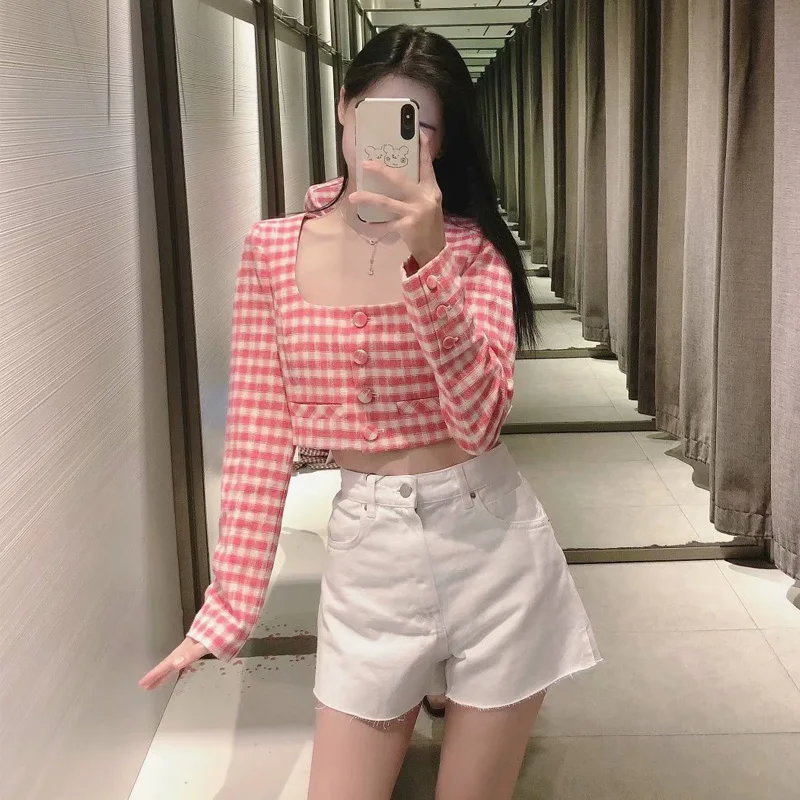 

VUWWYV Za Tops Women Pink Plaid Crop Top Woman Blouses Summer 2021 Long Sleeve Button Up Female Shirts Fashion Streetwear