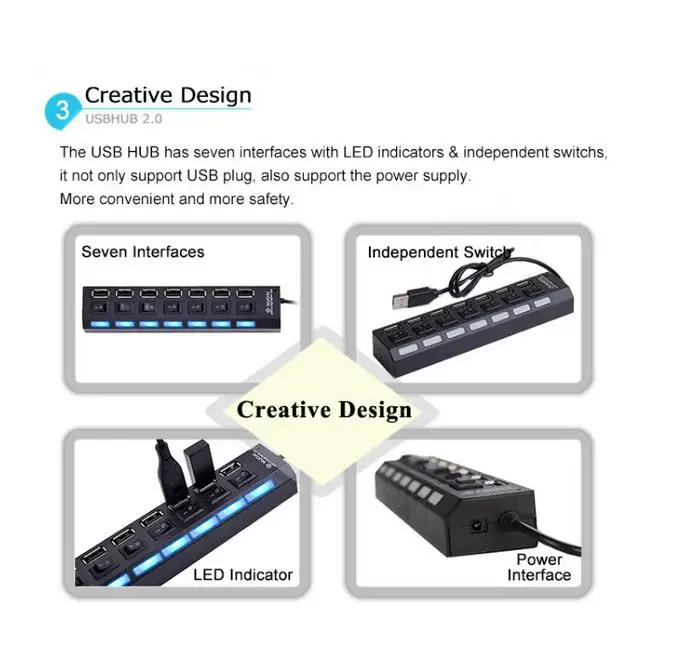 

7 Ports LED USB 2.0 Adapter Hub Power on/off Switch for PC Laptop Plug and Play for Windows7/Vista/ XP/2000 for Mac OS X 10.2