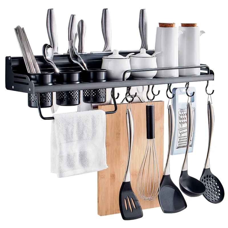 

Aluminum Kitchen Shelf Wall Hanging Punch-free Black Storage Knife Holder Pendant Supplies Seasoning Shelf Kitchen Accessories