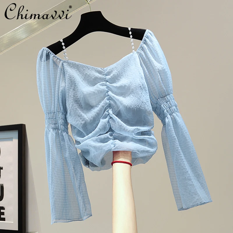 

Pleated Off Shoulder Strap Top 2021 Summer Korean Women's Loose Slimming Solid Color Blouses Female Lace Up Waist Chiffon Shirt
