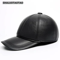 shaluotaotao snapback new genuine leather hat for men winter cowhide thermal baseball cap adjustable size earmuffs brands caps