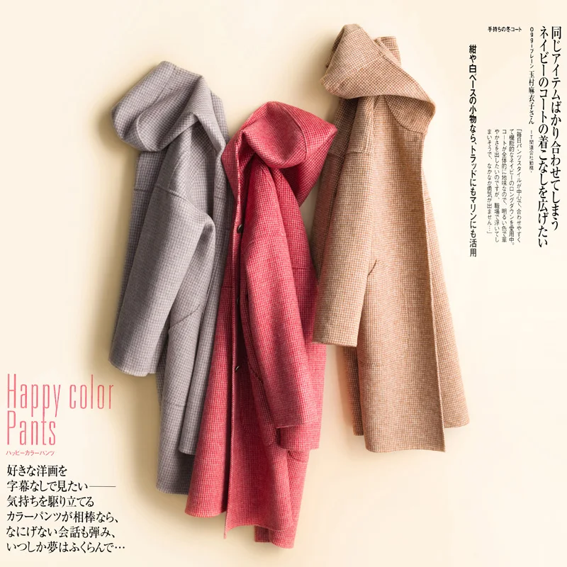 

100% wool 2020 Sping winter new double faced woolen coat women hooded wool coats thousand bird pattern medium long cashmere coat