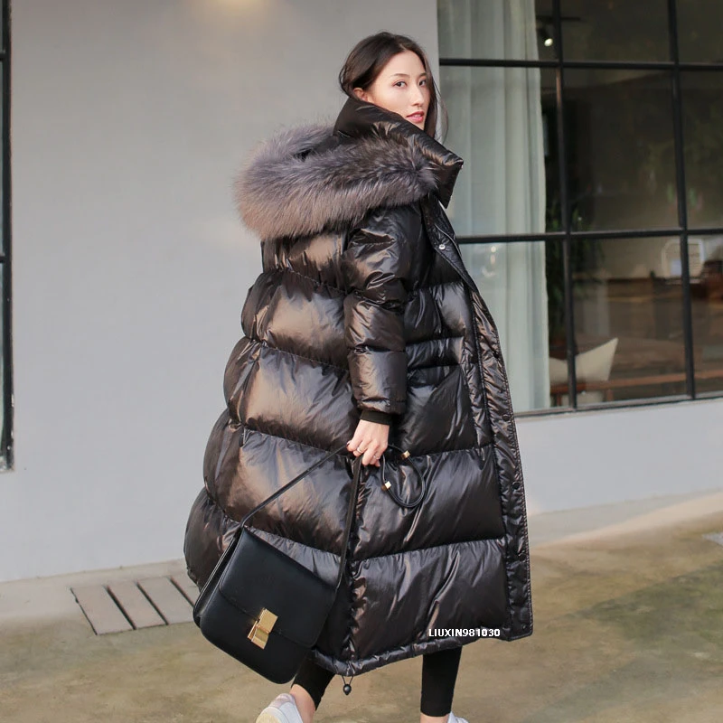 2023 New Women winter black loose real fur collar puffer coat fashion casual hooded long windproof down jacket women