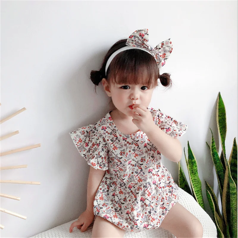 

Flysleeve Newborn Kids Cotton Rompers for Girls Summer Clothes 2021 New Baby Children's Floral One-piece Jumpsuit send Headband