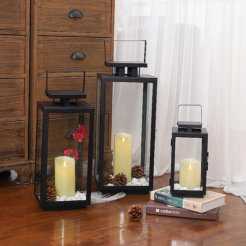 Железный стеклянный подсвечник праздничный Черный ветрозащитный уличный