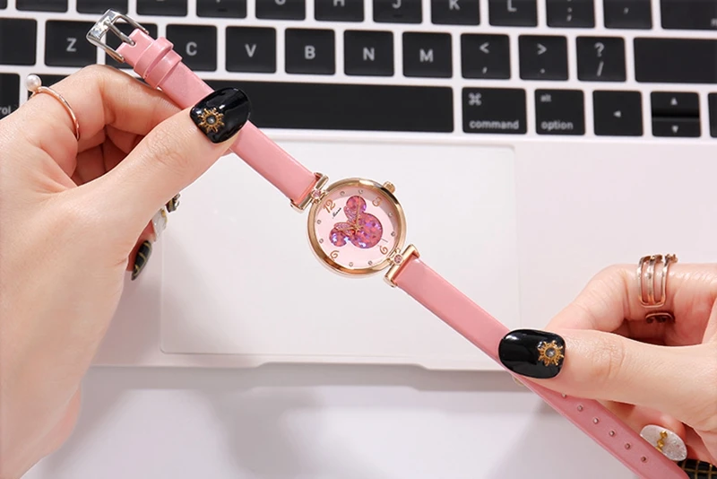 Красивые девушки Минни Маус Роскошные Bling Кристалл кожа кварцевые часы для женщин красивый лук маленький Дисней часы Водонепроницаемость