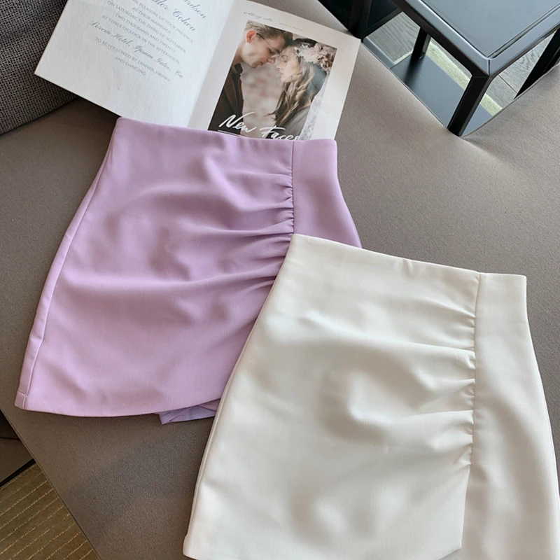 

High Waist Folds Irregular Solid Skirt Woman's Korean Fashion Simple A-line Skirts Woman Sweet Cute White Mini Skirt Women 2021