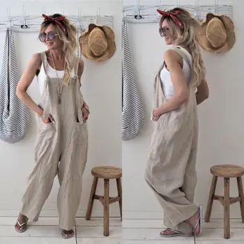 Rompers 2020 New Brand Women Casual Loose Cotton Linen Solid Pockets Jumpsuit Overalls Wide Leg Cropped Pants hot 1