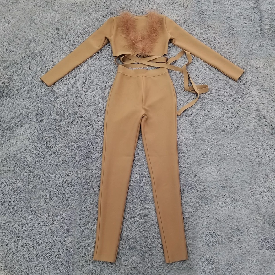 

High Quality 2021 Spring Women's Bodycon Bandage 2 Two-Piece Set Sexy Feather V-neck Long Sleeve Top and Pencil Pants Party Set