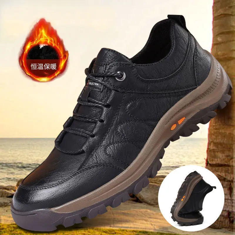 2021 Autumn Winter Men Shoes Hiking Shoes Plush Leather Shoes Fur Warm Casual Shoes Light Waterproof Work Shoes Outdoor Sneaker