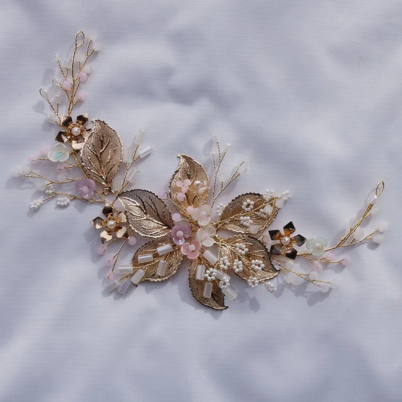 

Boho Gold Leaf Wedding Comb Bridal Hair Piece Floral Accessories Handmade Pearls Women Party Prom Headpiece