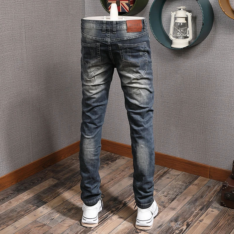 Italian Vintage Fashion Men Jeans High Quality Retro Blue Elastic Cotton Slim Ripped Jeans Men Distressed Designer Denim Pants