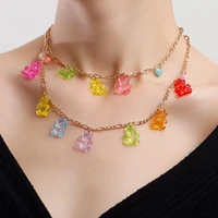 ladies jewelry trend double layer colorful transparent bear heart pendant necklace ladies design sense accessories